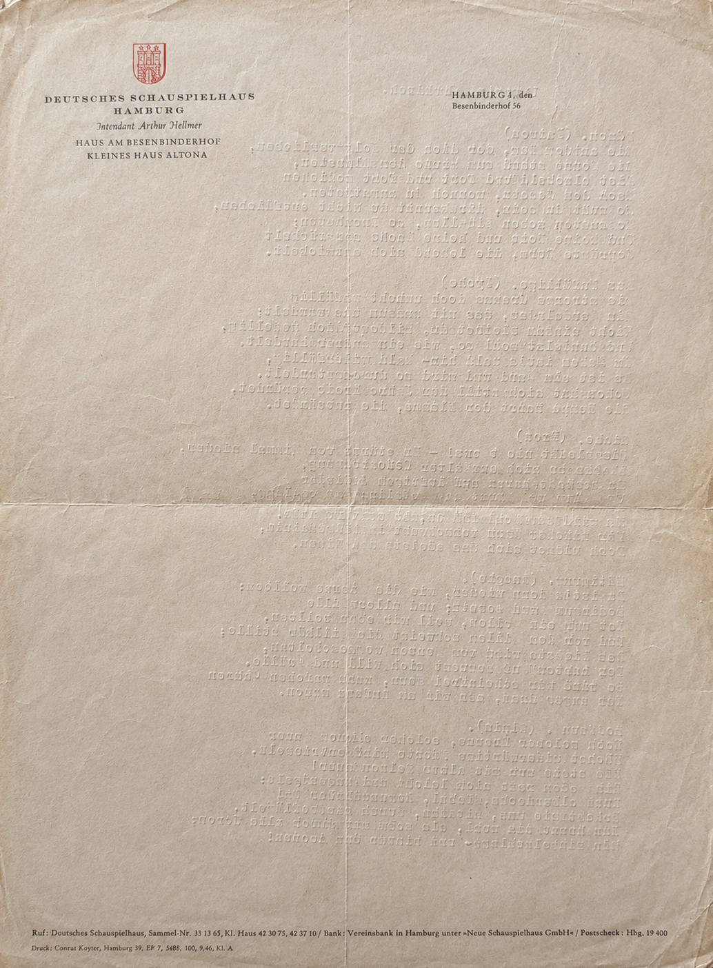 Deutsches Schauspielhaus Hamburg letterhead — Intendant Arthur Hellmer