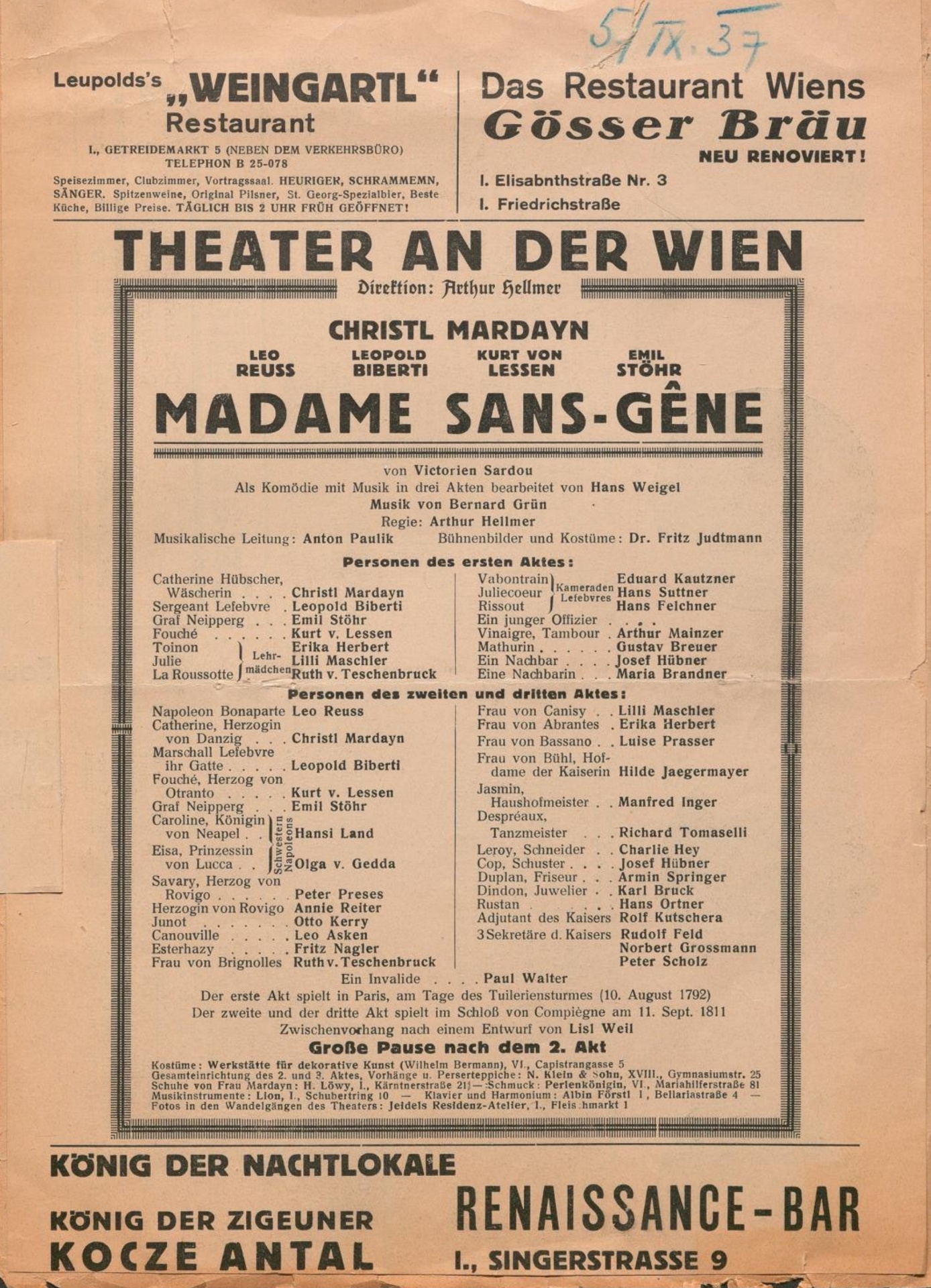 Production photograph: Madame Sans-Gêne — Madame Sans-Gêne — playbill, by Sardou, adapted by Hans Weigel · music Bernard Grün. Theater an der Wien, 05 Oct 1937.