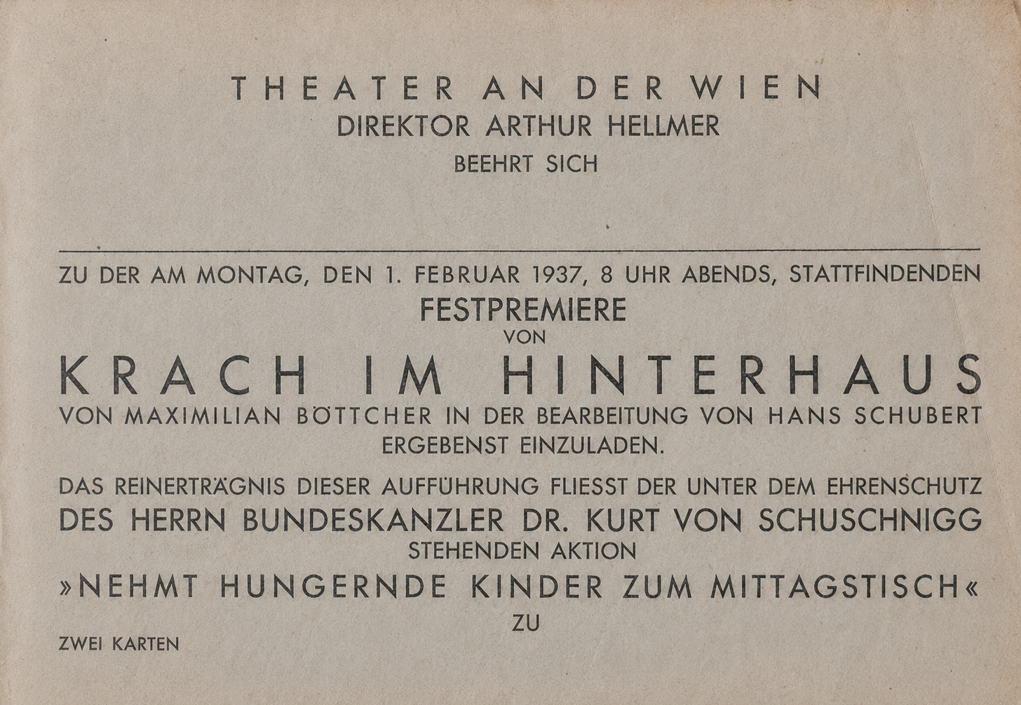 Krach im Hinterhaus — Festpremiere invitation, Theater an der Wien (1 Feb 1937, benefit under Chancellor Schuschnigg)