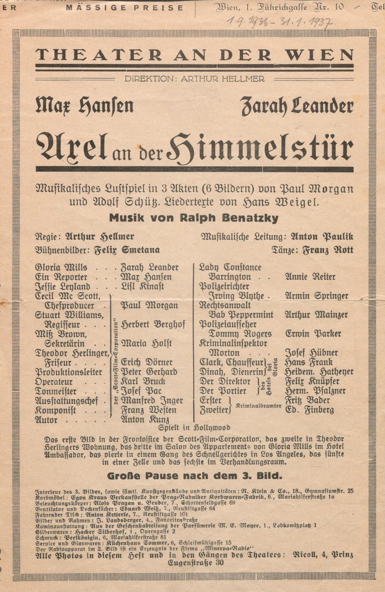 Production photograph: Axel an der Himmelstür — Axel at Heaven's Door — playbill, by Ralph Benatzky · libretto Morgan/Schütz, lyrics Weigel. Theater an der Wien, 01 Sep 1936.