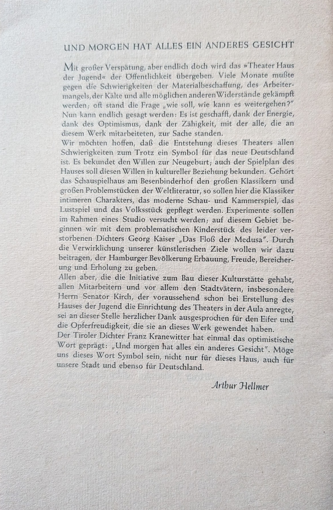 „Und morgen hat alles ein anderes Gesicht" — Arthur Hellmer's opening address, Theaterhaus der Jugend (1947)