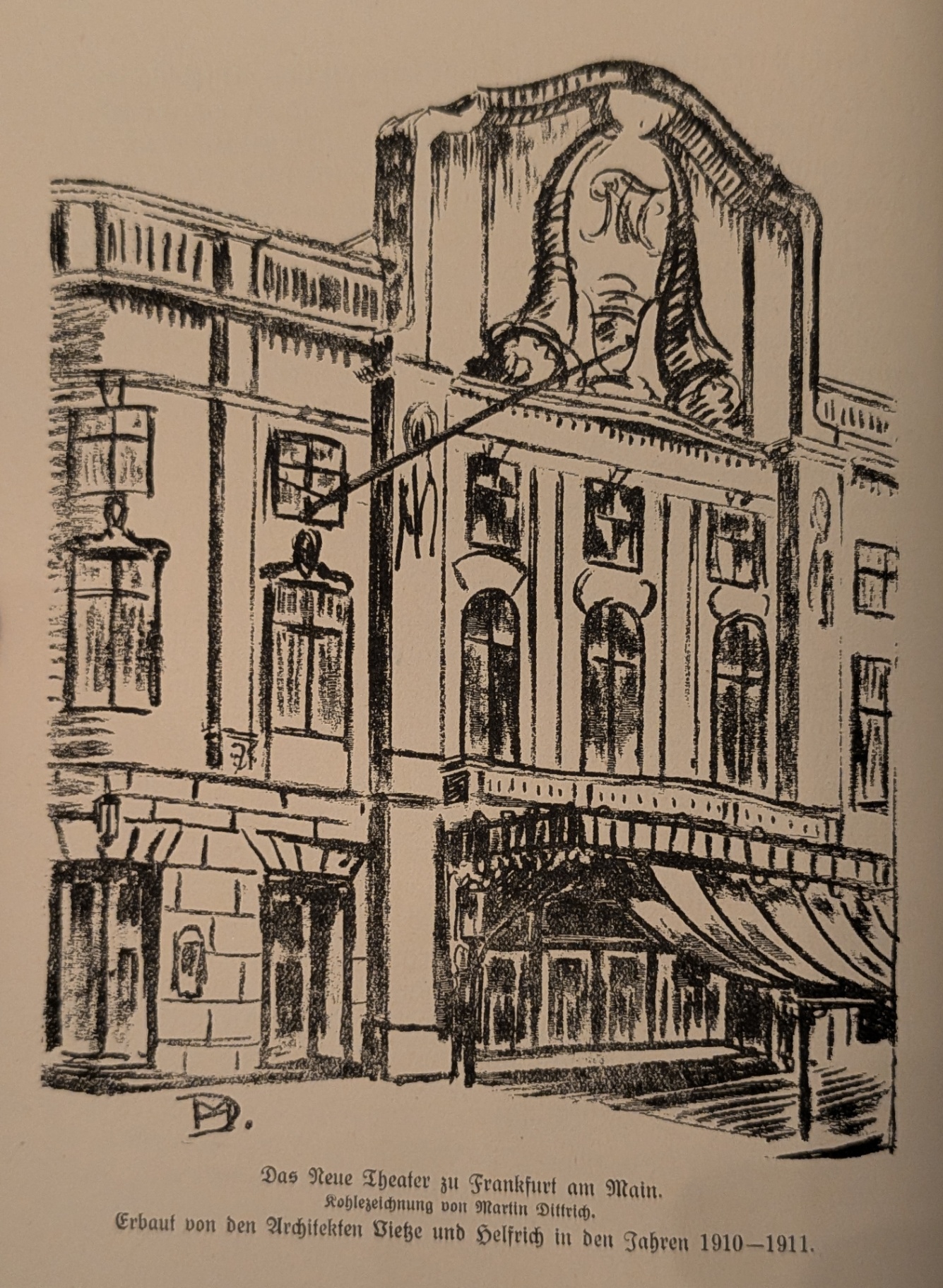 Neues Theater, Frankfurt — charcoal drawing by Martin Dittrich (built 1910–1911)