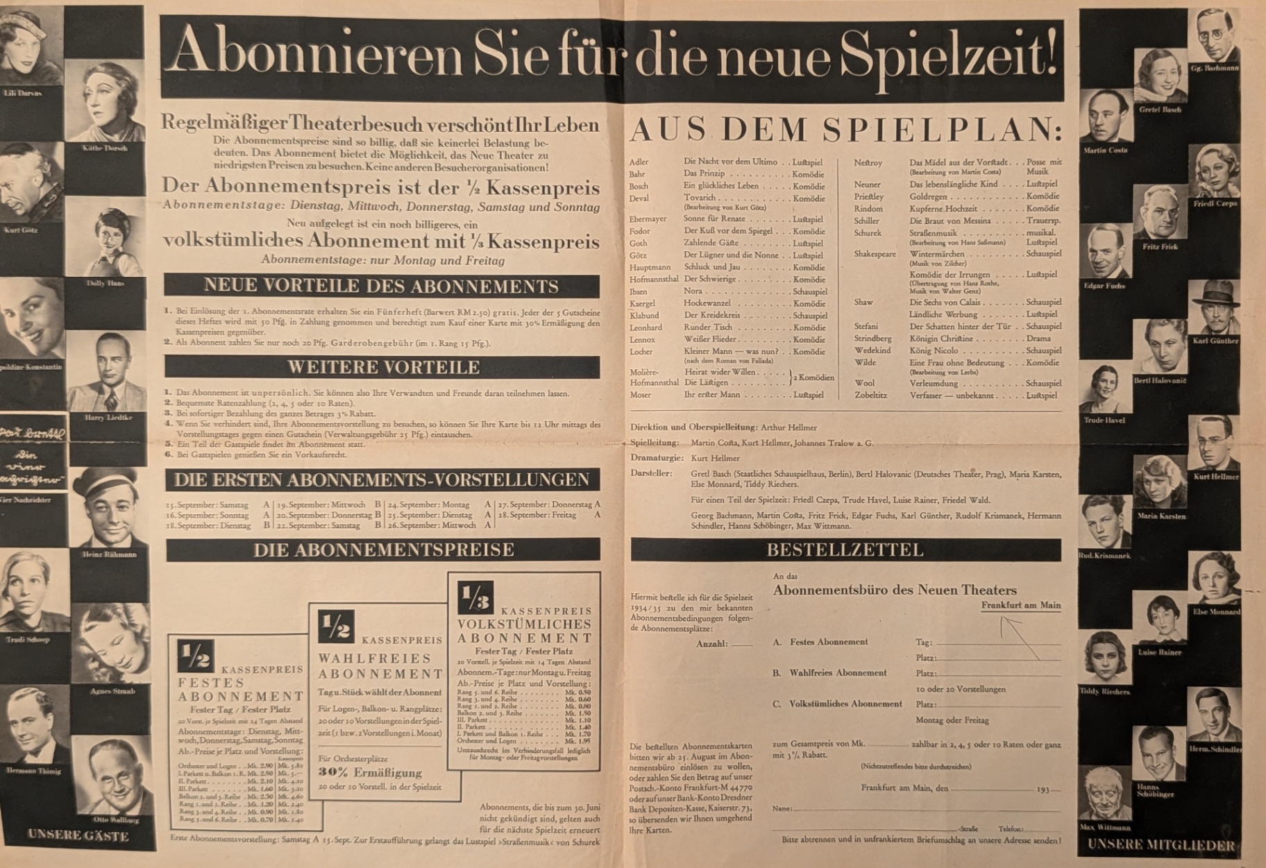 Neues Theater — Abonnement flyer, Spielzeit 1934/35