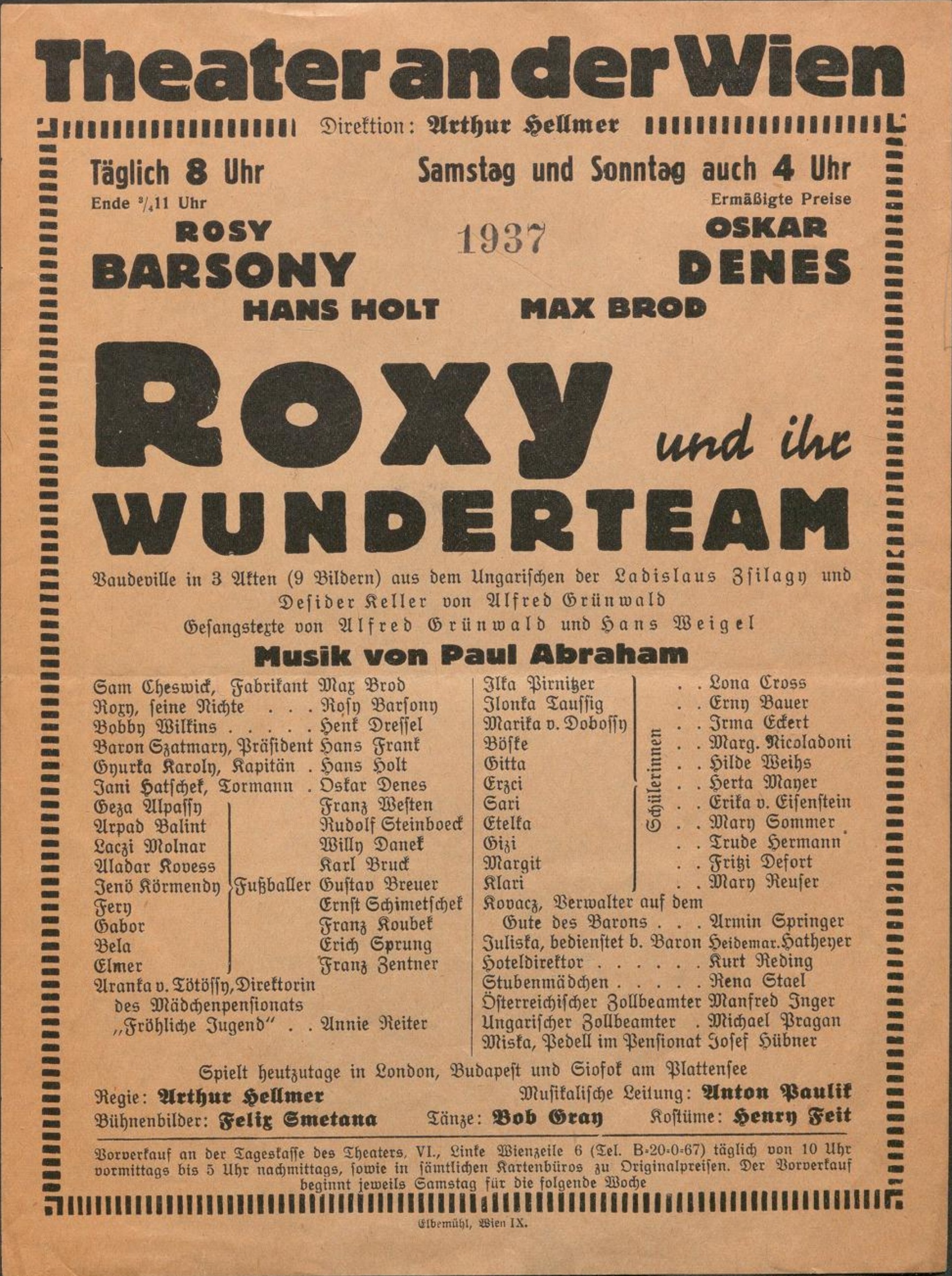 Production photograph: Roxy und ihr Wunderteam — Roxy and her Wonder Team — playbill, by Paul Abraham · libretto Grünwald & Weigel. Theater an der Wien, 25 Mar 1937.