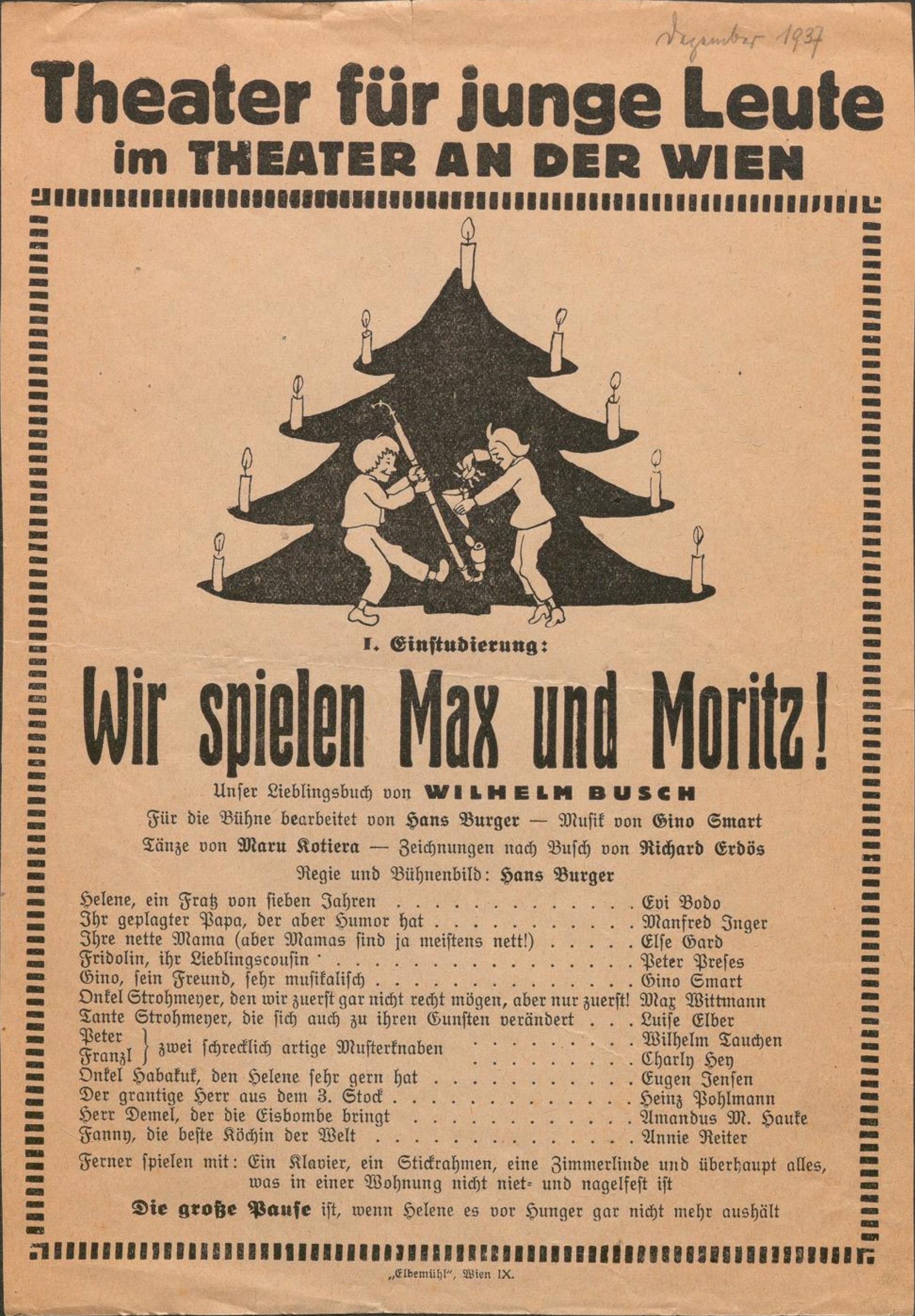 Cast sheet — Theater für junge Leute — Wir spielen Max und Moritz!, Theater an der Wien, Direktion Arthur Hellmer