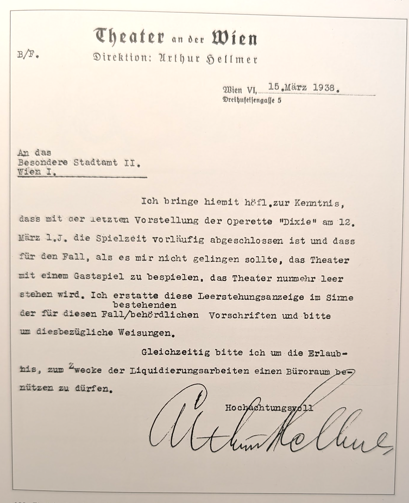 Leerstehungsanzeige to the Besonderes Stadtamt II, Vienna, 15 March 1938