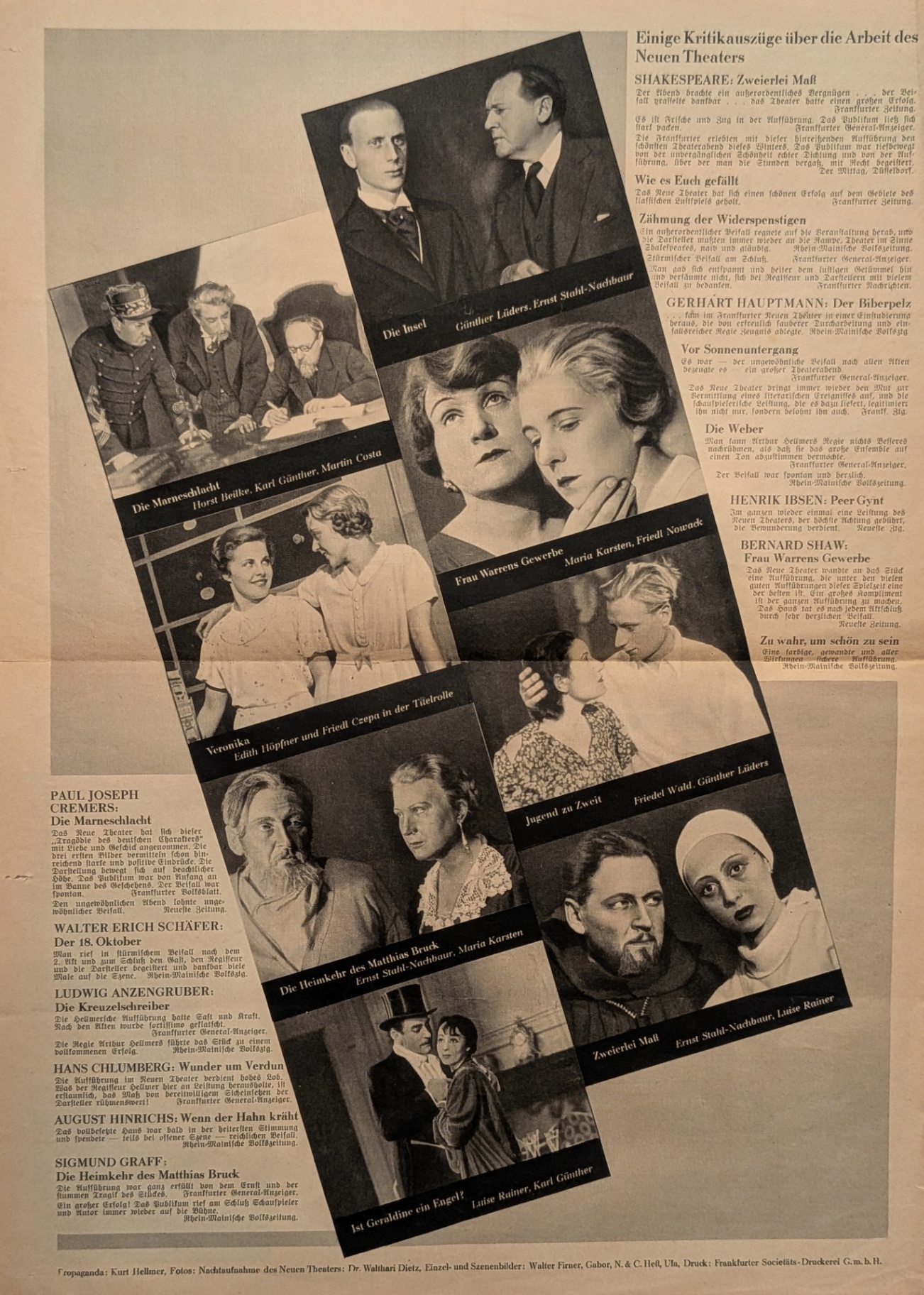 Neues Theater — production stills and press excerpts (Shakespeare, Hauptmann, Ibsen, Shaw)