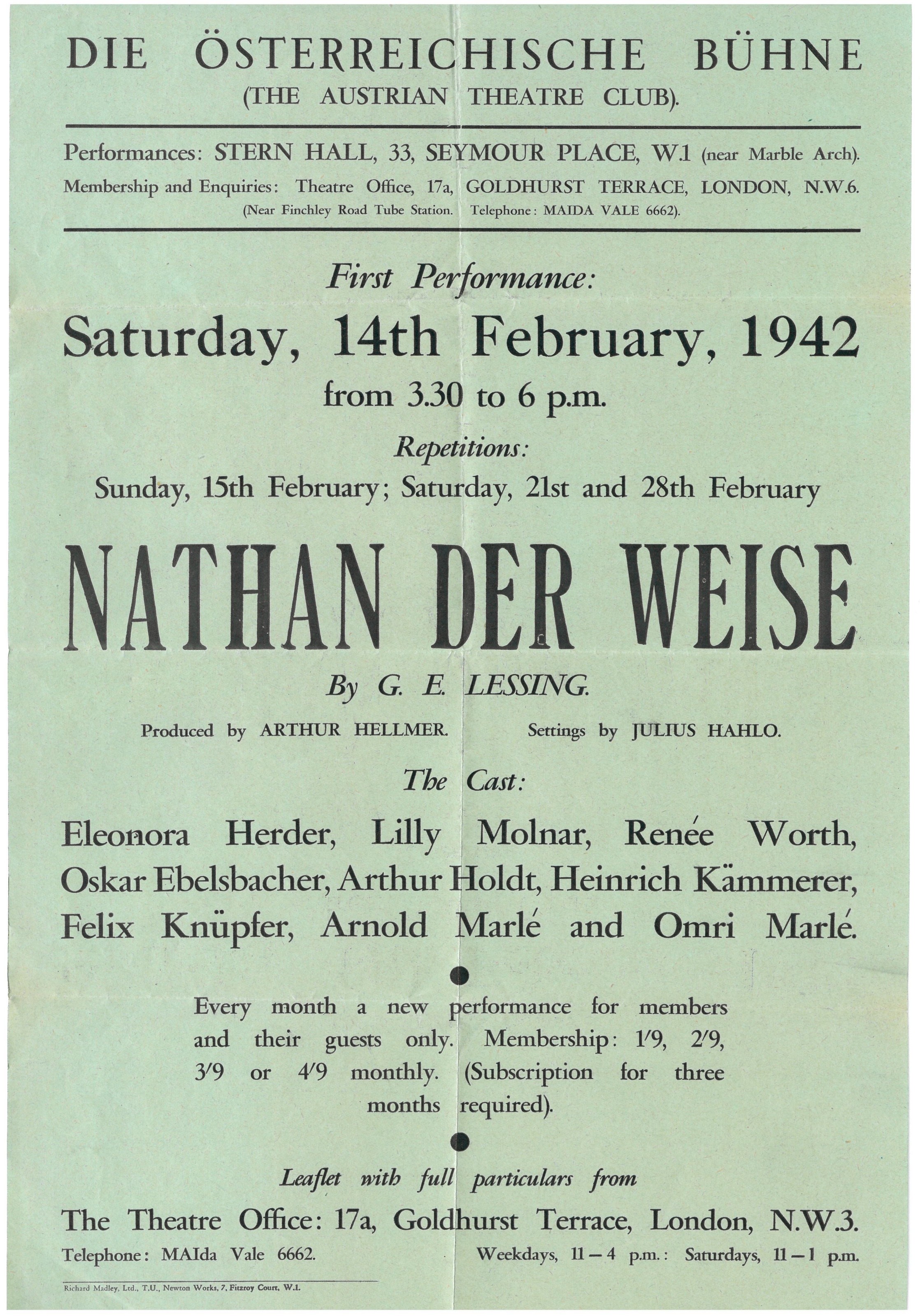 Die Österreichische Bühne — programme for Nathan der Weise, 14 February 1942