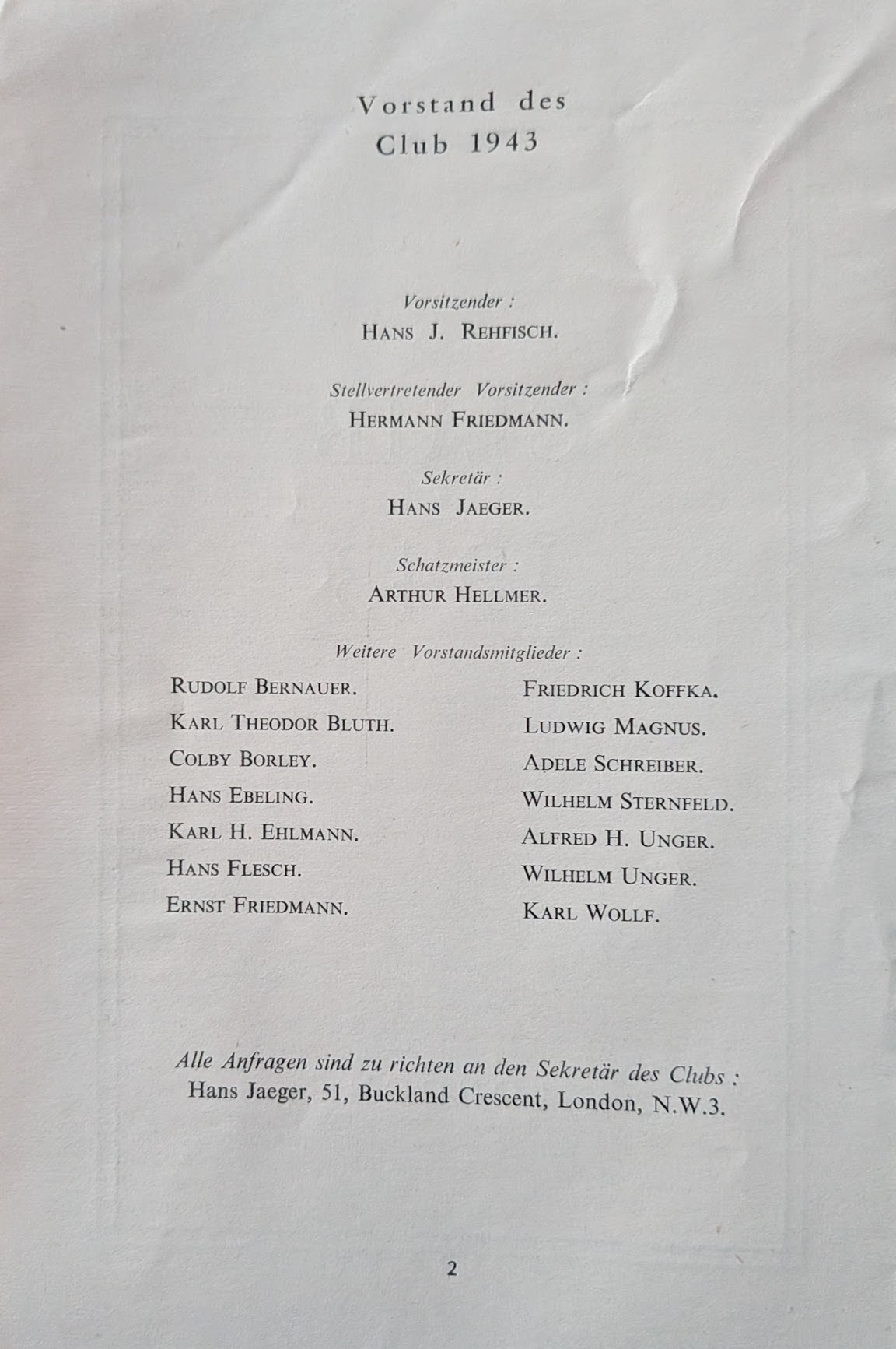 Club 1943, London — Vorstand (board): Hans J. Rehfisch (chair), Arthur Hellmer (treasurer), and members