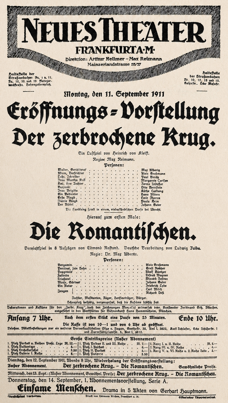 Opening playbill, 11 September 1911 — Der zerbrochne Krug