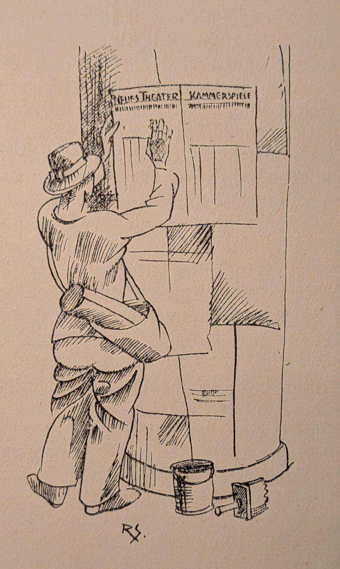 Bill-sticker at a Neues Theater / Kammerspiele column — sketch (R.S.)