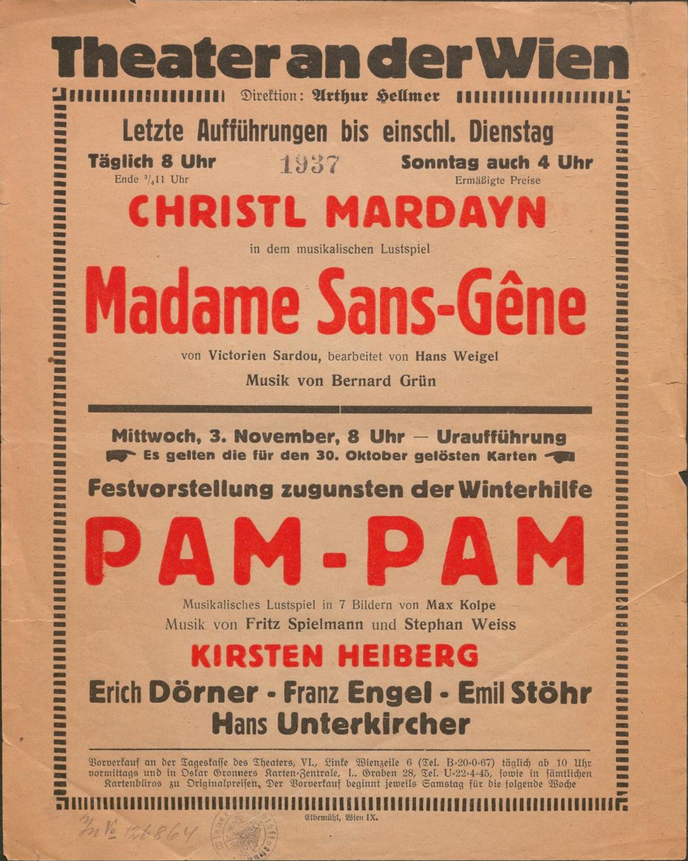 Production photograph: Pam-Pam — Pam-Pam — playbill, by Fritz Spielmann & Stephan Weiss · libretto Max Kolpe. Theater an der Wien, 03 Nov 1937.